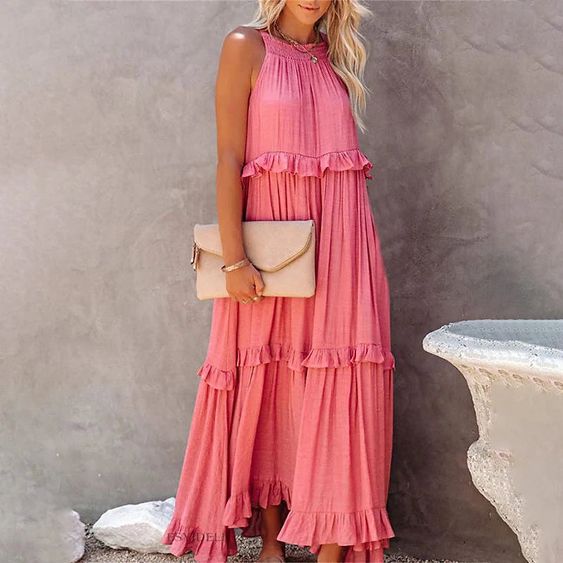 Women Casual Solid Ruffles Long Dress Summer Elegant Sleeveless Sundress Elegant Harajuku Maxi Dress Beach Party Evening Vestido